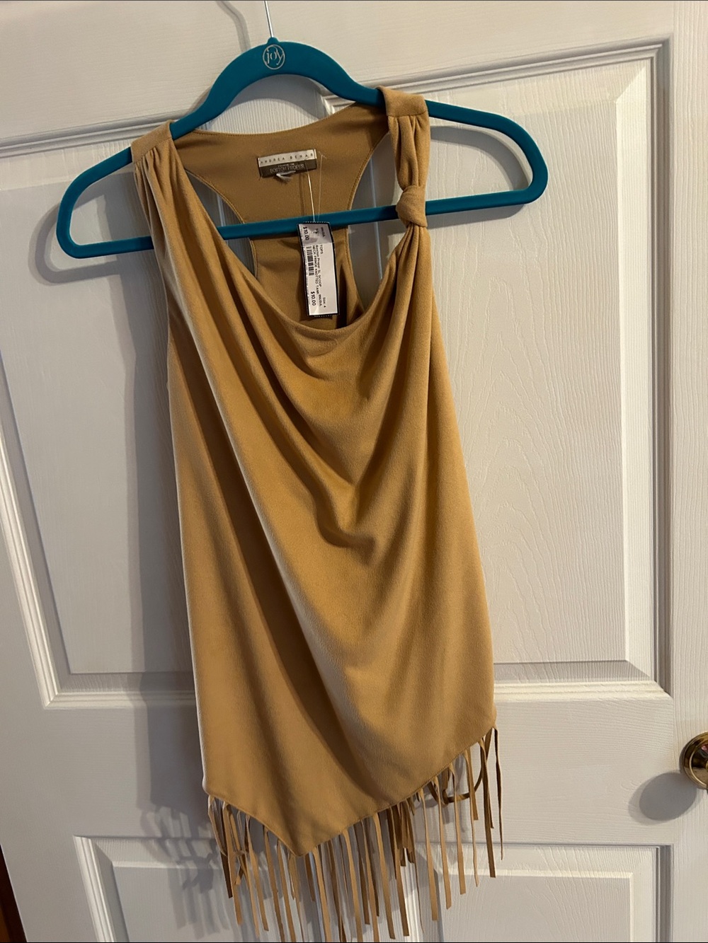 Boston Proper Tan Draped Fringe Tank with Knot Shoulder